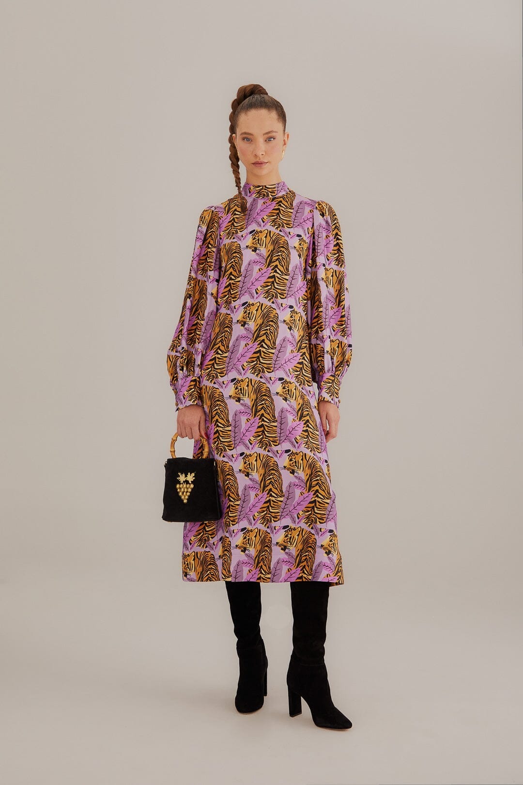 Lavender Tiger Leaves Midi Dress