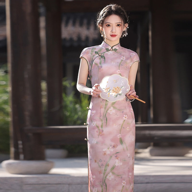 Modern Chinese Qipao, Chinese Cheongsam, Evening Dress, pink Floral dress