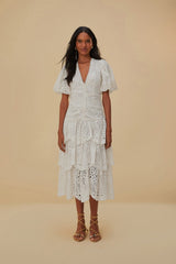 White Cotton Eyelet Puff Sleeve Midi Dress