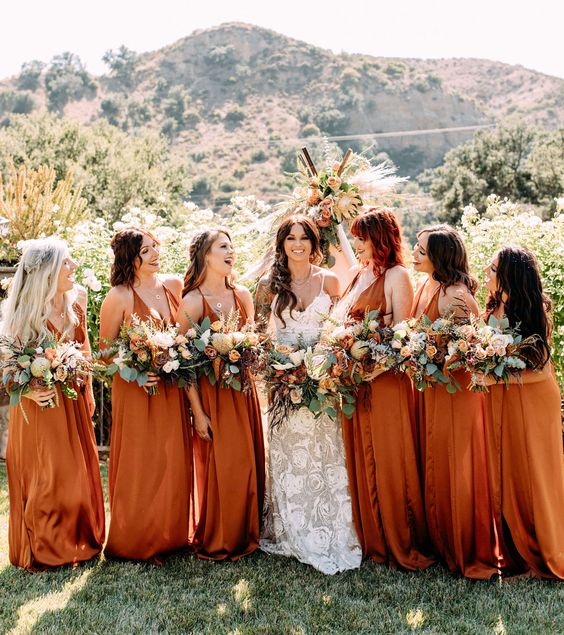 Burnt Orange Chiffon Long Bridesmaid Dress 2020 Criss Cross Back