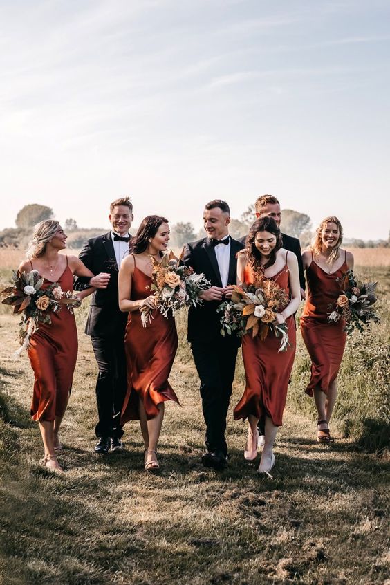 Fall Bridesmaid Dress 2021 V neck Burnt Orange Rust Silk Slip Midi Dress with Side Slits