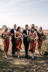 Fall Bridesmaid Dress 2021 V neck Burnt Orange Rust Silk Slip Midi Dress with Side Slits