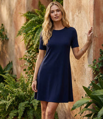 Short Sleeve A-Line Dress in rayon spandex jersey with fitted bust, loose hips, and crew neck
