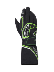 Alpinestars Tempest V3 Wasserdichte Handschuhe, Karting-Handschuhe, Schwarz mit Fluo-Grün und silbernen Akzenten, langes Stulpendesign, mit Alpinestars-Logo-Branding, strapazierfähige Textilkonstruktion für Rennen bei nassem Wetter