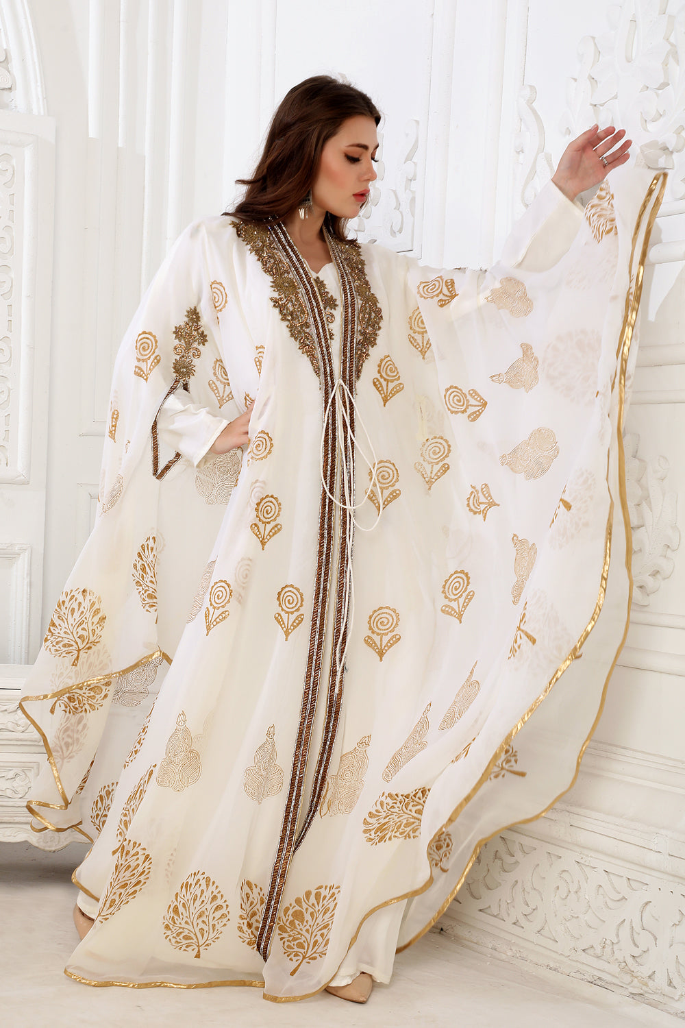Designer Kaftan Flowy Arabic Dress with Hand Embroidery and Block print - Maxim Creation
