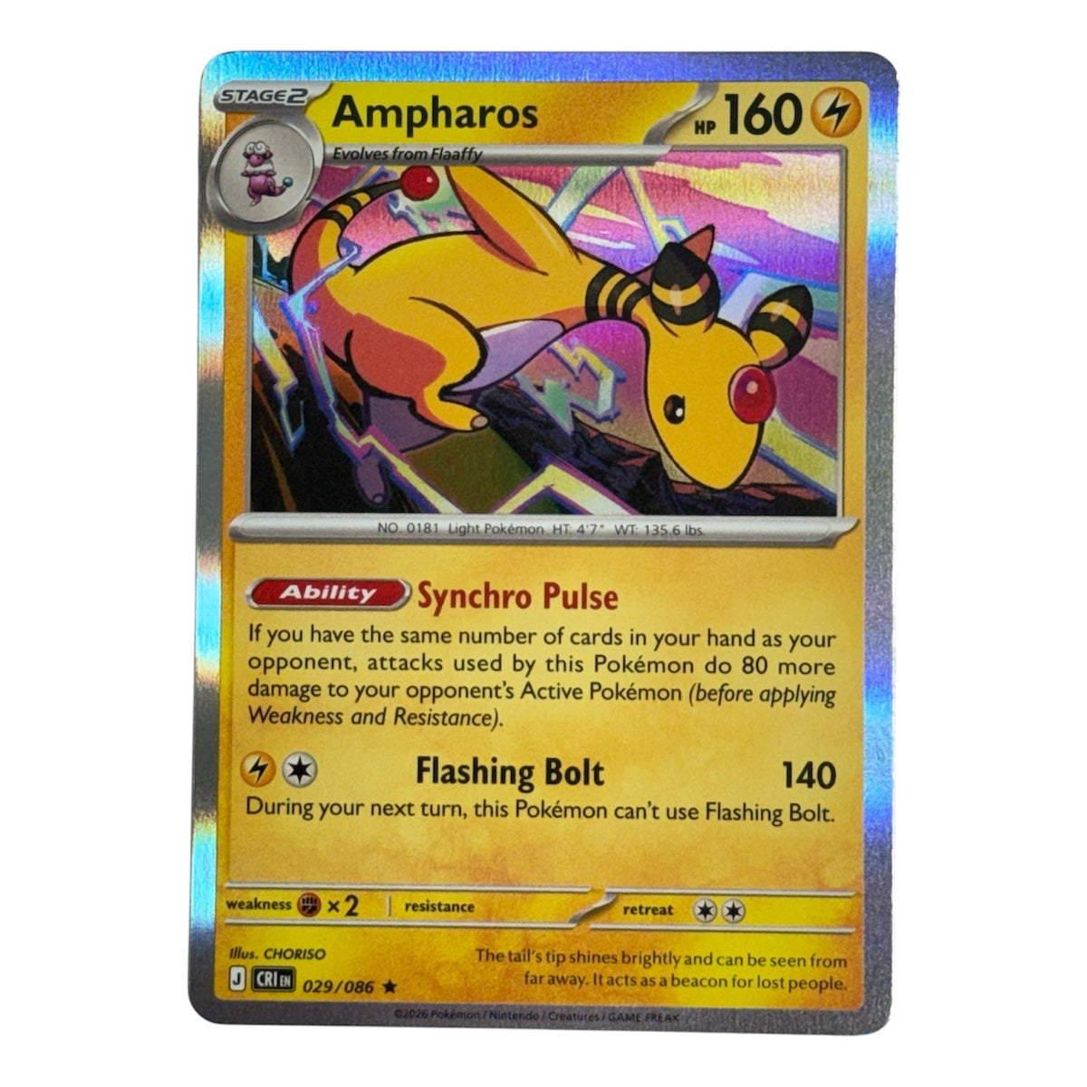 Ampharos 2026 Pokemon Chaos Rising Rare Card 029/086Ampharos 2026 Pokemon Chaos Rising Rare Card 029/086