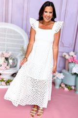 White Square Neck Smocked Bodice Cap Sleeve Eyelet Maxi Dress, Eyelet dress, spring dress, church dress, mini dress, spring style, church style, elevated style, mom style, shop style your senses by mallory fitzsimmons, ssys by mallory fitzsimmons
