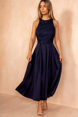Lilah Navy Embroidered Top Midi Dress