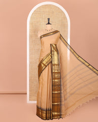 Sandal Plain Chettinad Cotton Saree, Complemented by Contrast Temple Border of Traditional Zari Designs, Subtly Striped Pallu, and Paired with a Matching Blouse