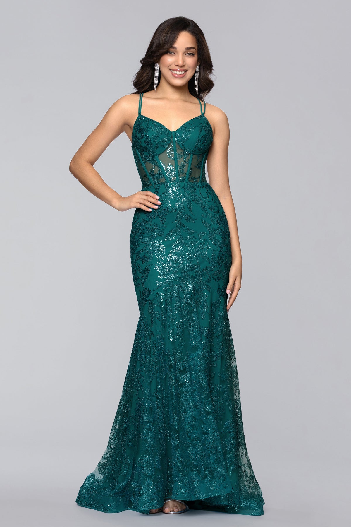 "Tammi" Long Sequin Mesh Mermaid Tieback Dress