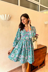 Teal Green & Purple Floral Cotton Short Dress with One Side Pocket and Lace Detailing LF-Collection