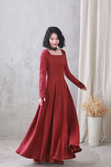 Vintage Red Linen Cotton Maxi Dress – Women’s Long Sleeve Square Neck 3328