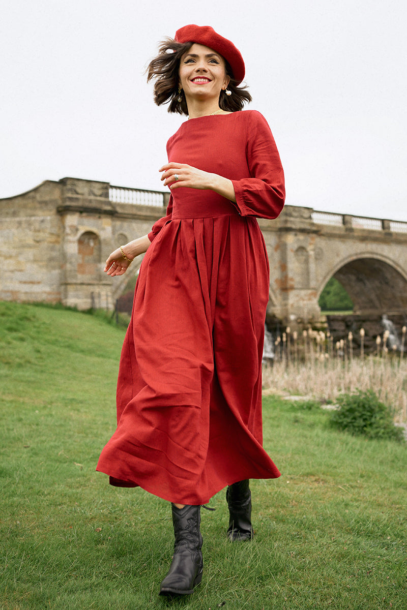 Red Linen Cotton A-Line Maxi Dress - Pleated, Boat Neckline 3576