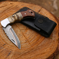 Handmade Copper Damascus Folding Knife With Rose Wood and Ram Horn Handle , Personalized Gift for Him , Anniversary Gift Knife , Groomsman Gift Knife , EDC ,Outdoor