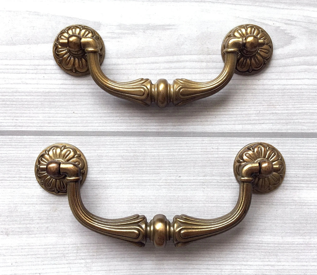 3.75" 4.5" Vintage Style Drop Bail Drawer Pulls in Antique Brass - LynnsHardware