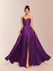 Elegant Purple Satin Gown With High Slit, A-Line Floor-Length Evening Dress-ZS161