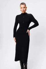 Windsor Midi Dress Black by Mossman - high neck midi dress with button detail and A line shape, designed for a refined modern silhouette.