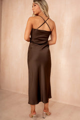 Orla Chocolate Satin Cowl Neck Maxi Dress