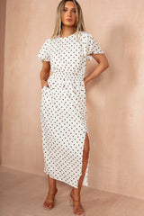Sophia Cream Polka Dot Flutter Sleeve Midi Dress
