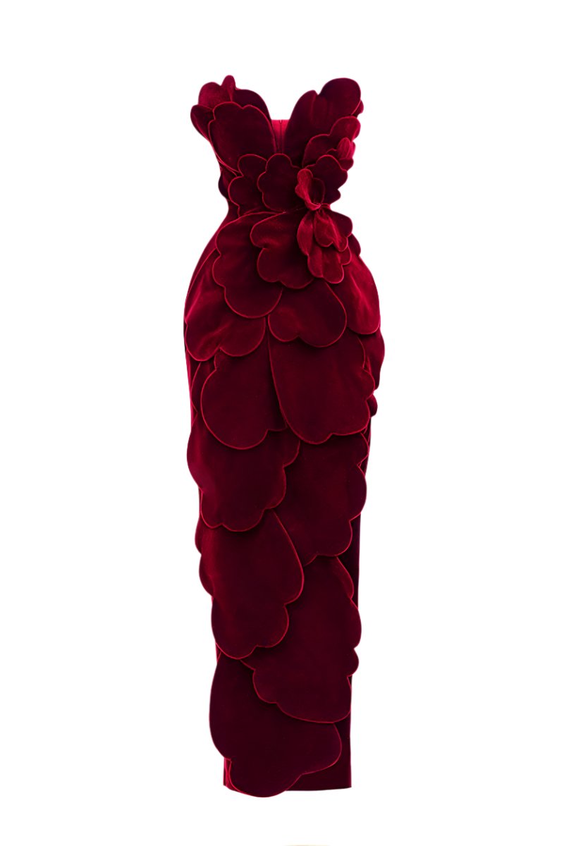 Red velvet V-neck petal strapless maxi dress by Happy Clothing, flowing elegant design for formal occasions.