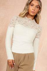 Elaine Cream Soft Knit Lace Pearl Top