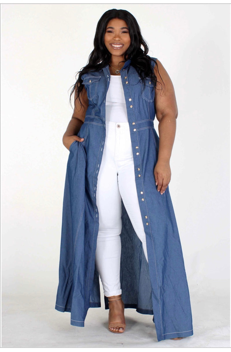 Tailored Denim Maxi Dress/Vest with pockets