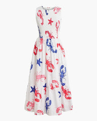 J.Crew Tiered Maxi in Ultramarine Red Lobster Print Cotton Sun Dress