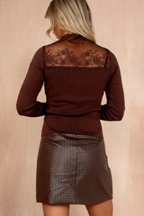 Rose Chocolate Knit Lace High Neck Top