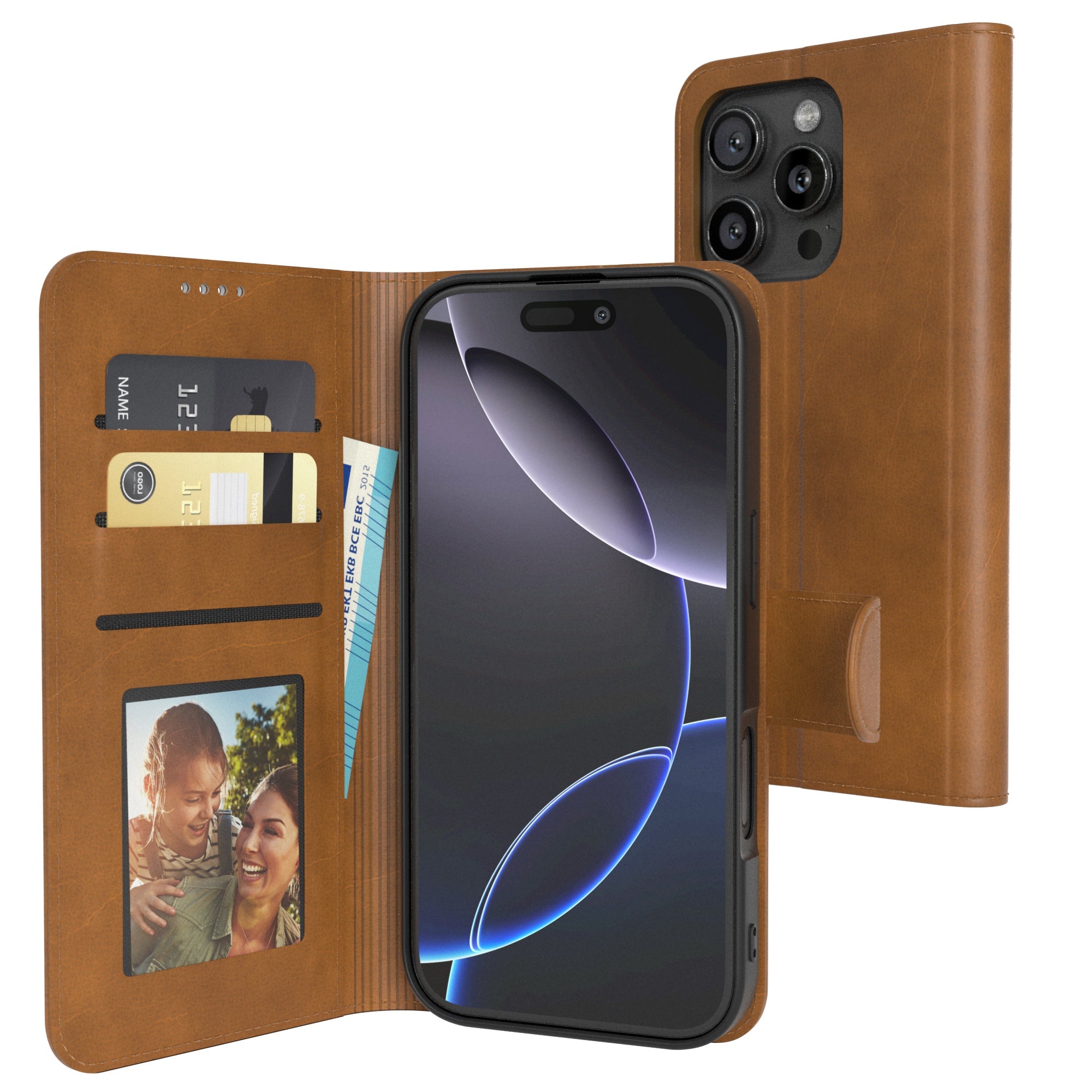 iPhone 16 Pro Klapphülle Kunstleder mit Kartenfach und Standfunktion #farbe_hellbraun