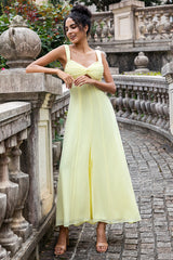 Lemon Yellow A Line Square Neck Keyhole Pleated Midi Dress