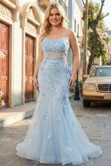 Plus Size Sparkly Blue Floral Mermaid Long Prom Dress with 3D Flowers