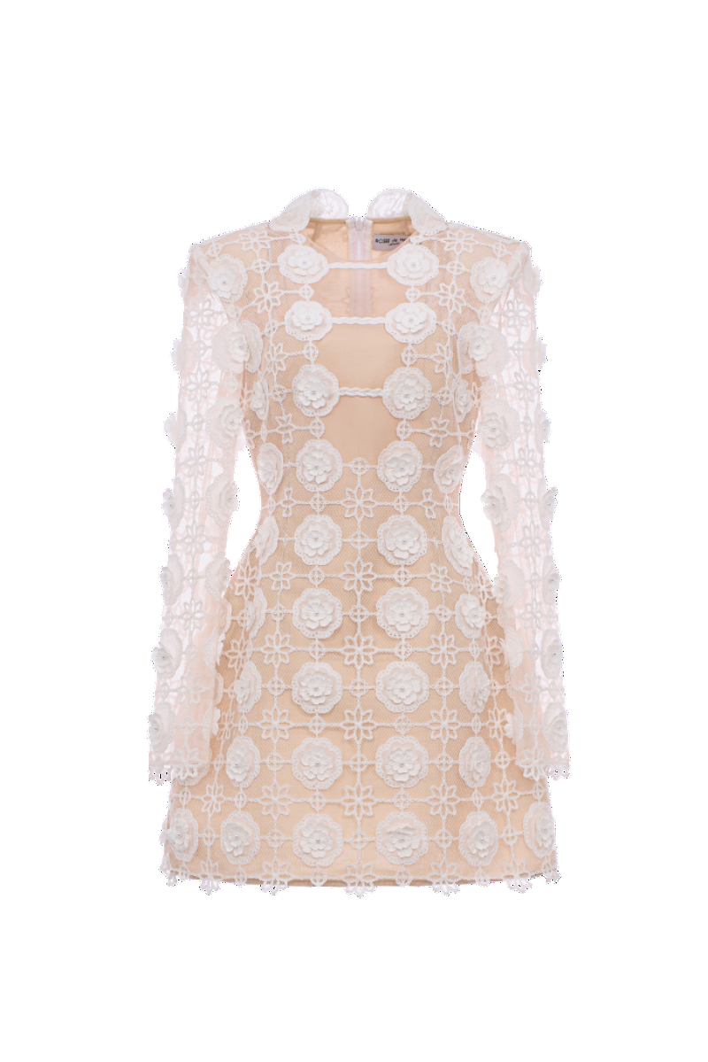 Long sleeve white lace mini dress by Rosee de Matin, featuring delicate lace fabric and a fitted silhouette.