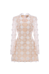 Long sleeve white lace mini dress by Rosee de Matin, featuring delicate lace fabric and a fitted silhouette.
