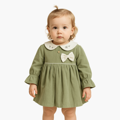 Orrigany Baby Girls Cotton Frock – Olive Green Long Sleeve Dress with Peter Pan Collar & Bow | Elegant Daily & Party Wear (1–4 Years)