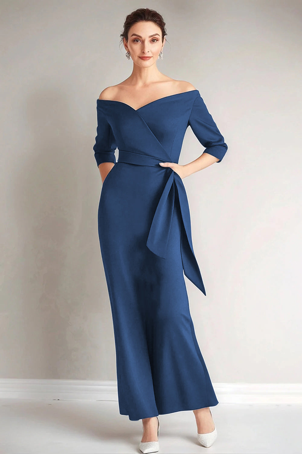 Navy Mermaid Off the Shoulder Long Mother of The Bride Dress