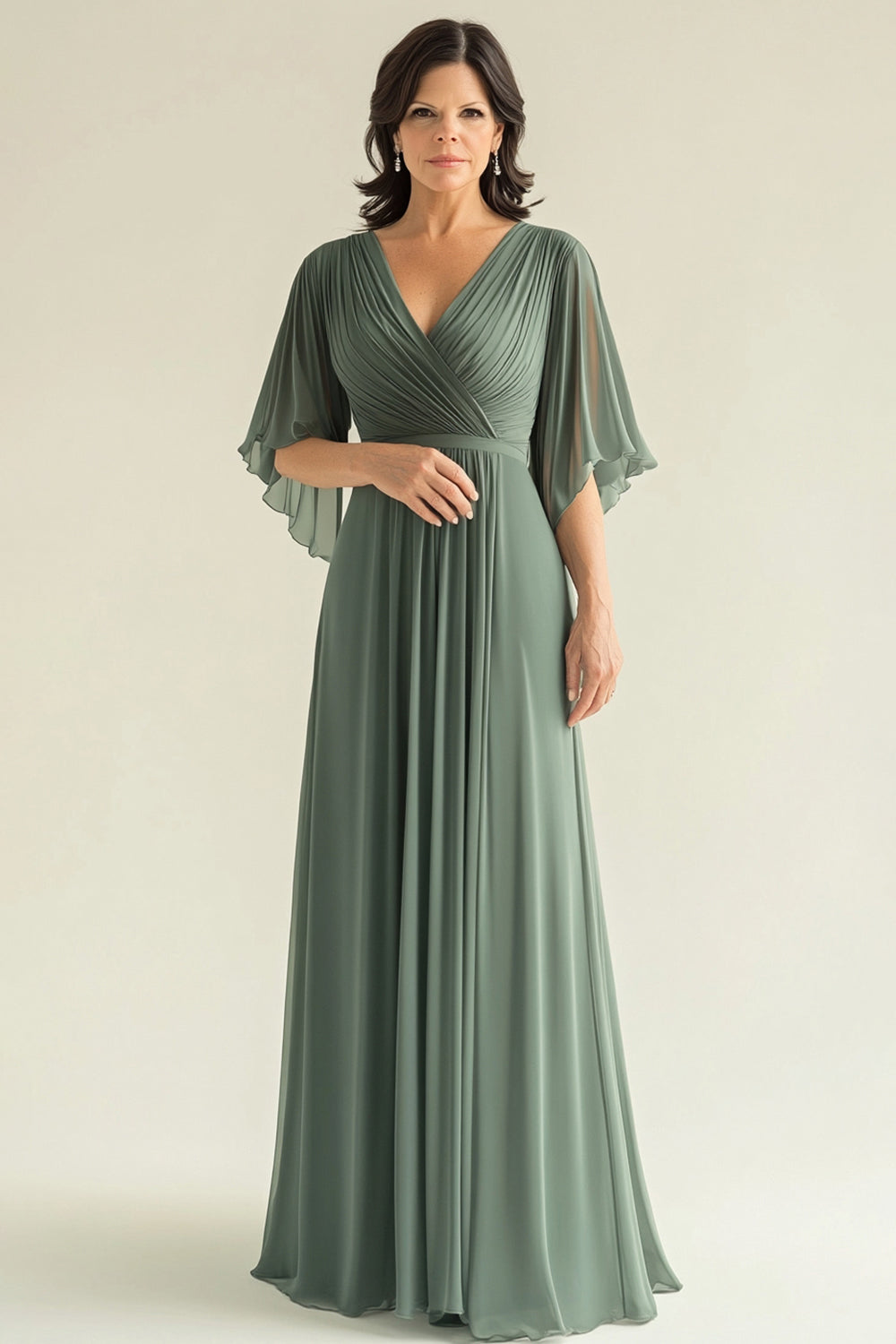 Agave Chiffon Pleated Flare Sleeves V-Neck Mother of The Bride Dress