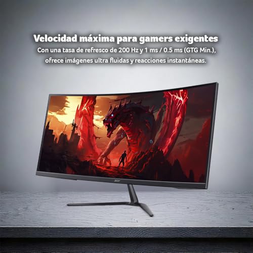 Acer Monitor Gamer Curvo 1500R ED0 34" UWQHD 3440 x 1440 200Hz Panel VA | Frecuencia de actualización 200Hz | Tiempo de Respuesta 1ms/0.5ms (GTG, Min) | Tecnología AMD FreeSync