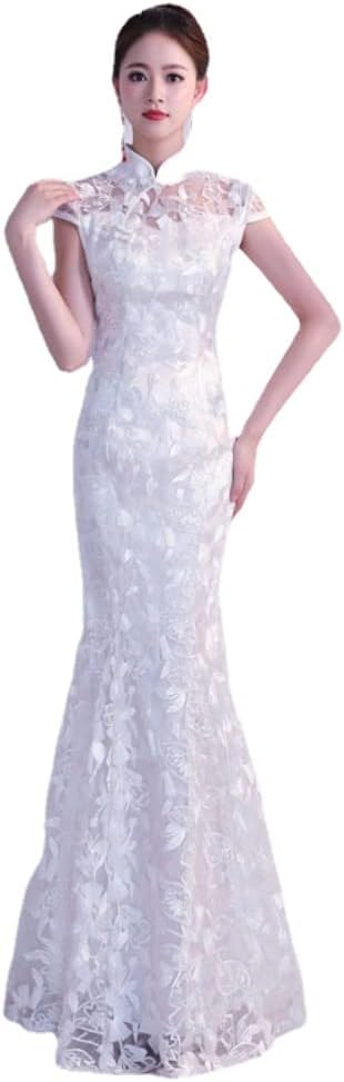 White Cheongsam Long Qipao Dresses Chinese Traditional Wedding Dress China Clothing (White,S)