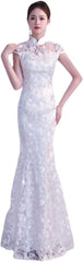 White Cheongsam Long Qipao Dresses Chinese Traditional Wedding Dress China Clothing (White,S)