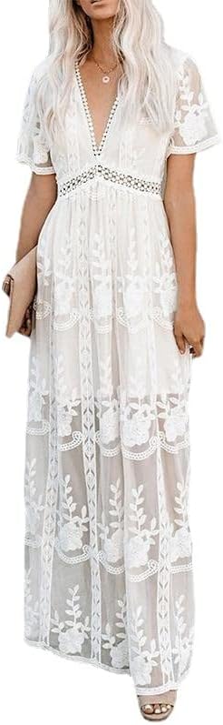 Womens White Boho Maxi Dress Deep V Neck Short Sleeve Lace Ruffle Long Dress Elegant Floral Beach Dresses