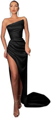 Satin Prom Dresses for Women Long Ball Gowns Asymmetrical Neckline Formal Dresses with High Slit