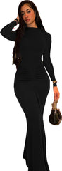 RanRui Women's Winter Fall Crew Neck Long-Sleeved Bodycon Maxi Dress Slim fit Pleated Holiday Party Dress Summer Fashion