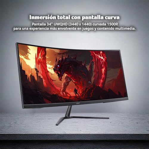 Acer Monitor Gamer Curvo 1500R ED0 34" UWQHD 3440 x 1440 200Hz Panel VA | Frecuencia de actualización 200Hz | Tiempo de Respuesta 1ms/0.5ms (GTG, Min) | Tecnología AMD FreeSync