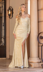 A woman in the Off-the-Shoulder Long-Sleeve Shimmer Prom Dress, featuring a thigh-high slit, stands by a stone column, gazing into the distance.