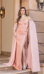 Rose Gold Cape-Sleeve Embellished Long Formal Gown 4306