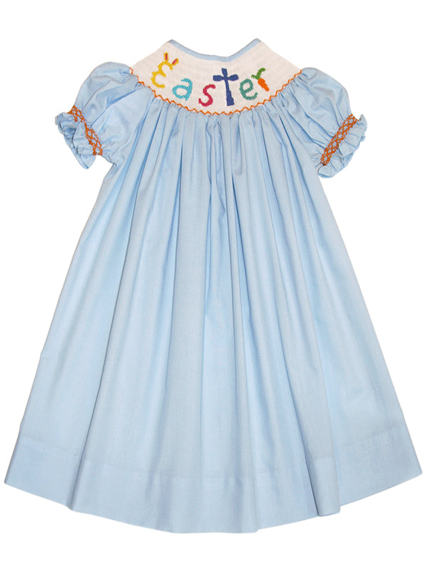 Adorable Light Blue Easter Holiday Spring Smocked and Embroidered Bishop Dress for Baby Girls - Easter Bunny Embroidery Design