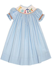 Adorable Light Blue Easter Holiday Spring Smocked and Embroidered Bishop Dress for Baby Girls - Easter Bunny Embroidery Design
