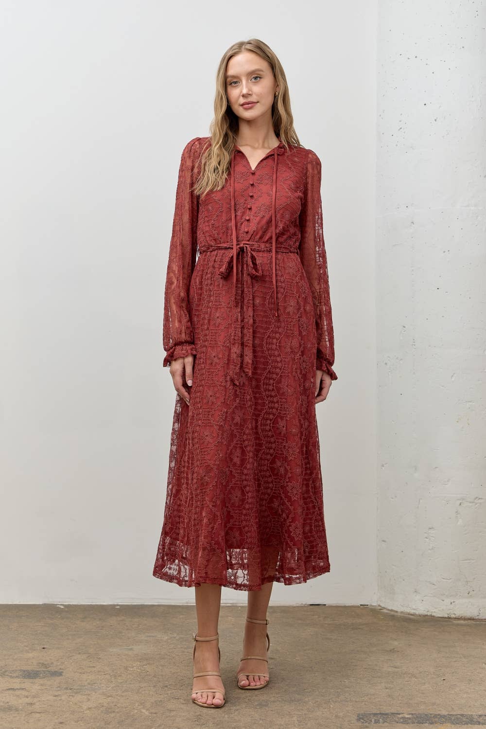 LONG SLEEVE LACE LONG MIDI DRESS: RED BROWN - Lulu Bella Boutique