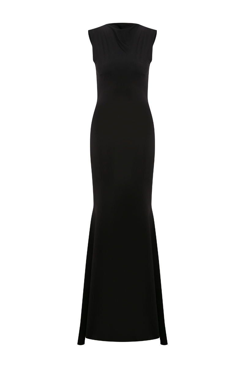 Black Sudi Etuz jersey backless maxi dress displayed with flowing fabric and a sleek, elegant backless design.