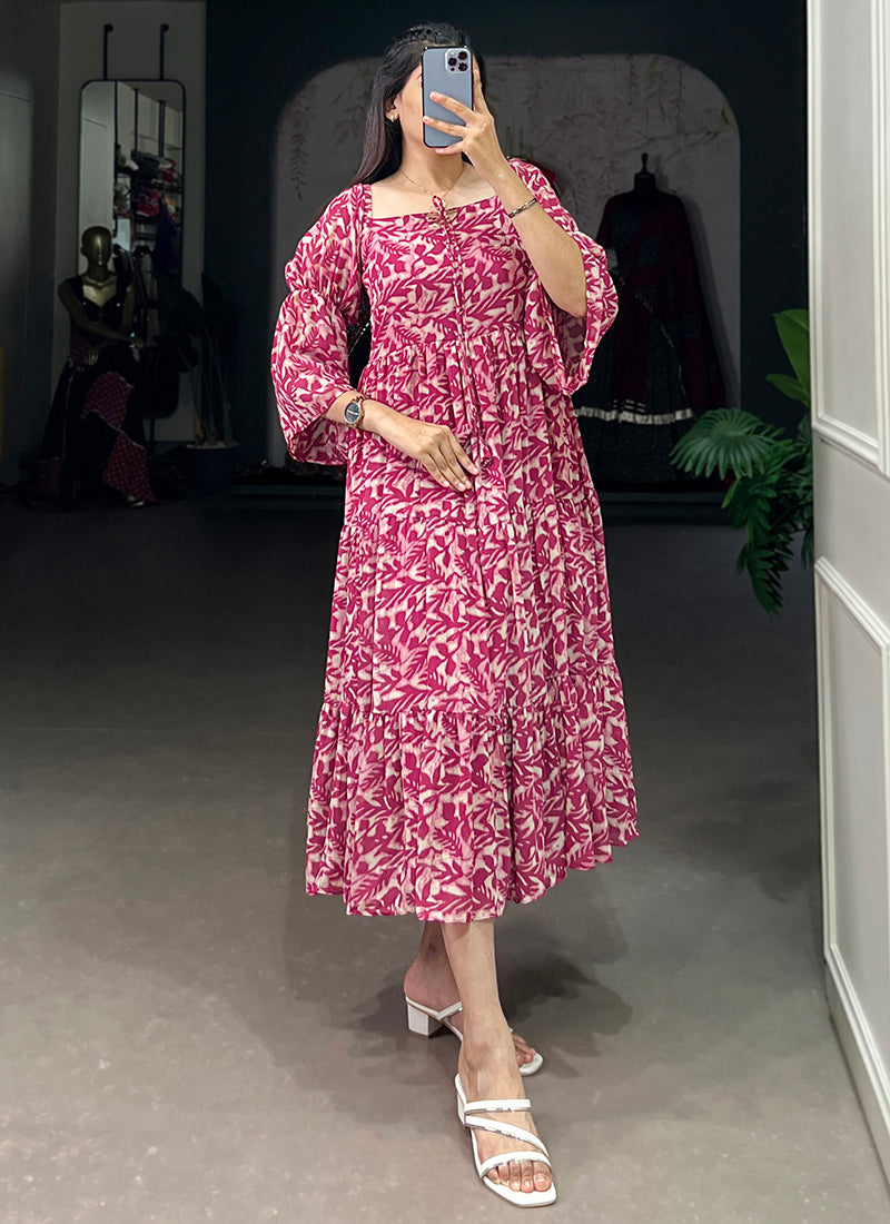 Dark Pink Leaf Printed Georgette Party Wear Dress